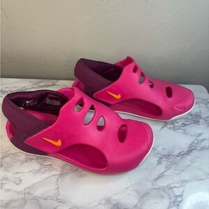 Nike Girls Sunray Pink and Magenta Slide Sandals with Orange Swoosh